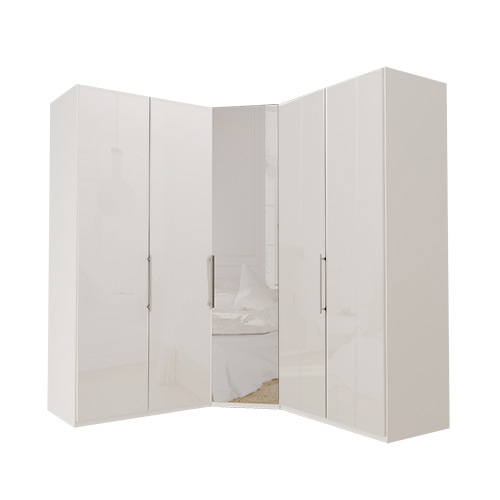 Garderob Atlanta - Vit 216 cm, Vitt glas, 100 + hörn + 100