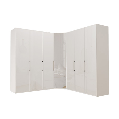 Garderob Atlanta - Vit 236 cm, Vitt glas, 150 + hörn + 150